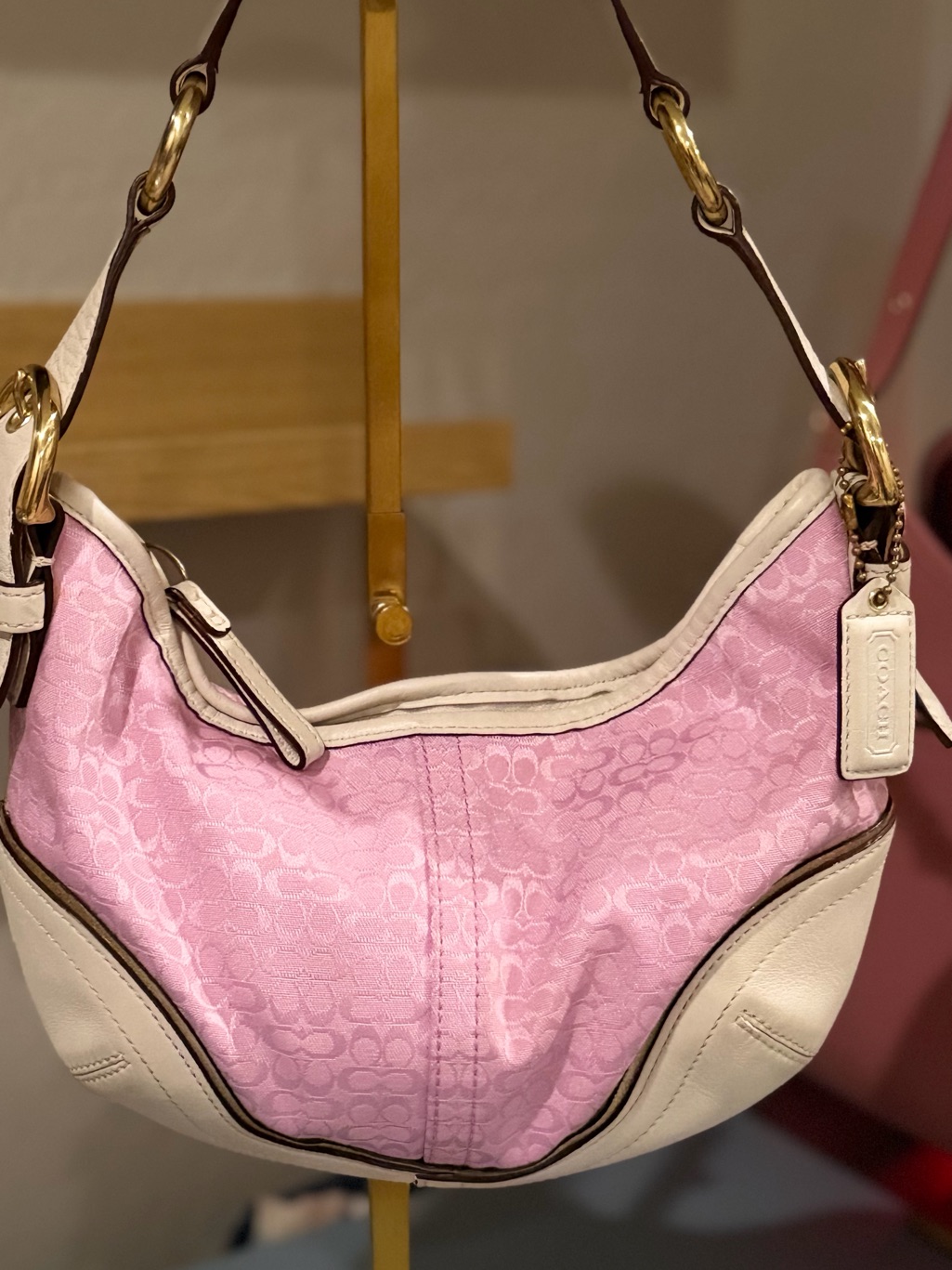 Y2k Pink Coach Soho Mini Pink Signature Hobo Bag With Cream Leather Trim